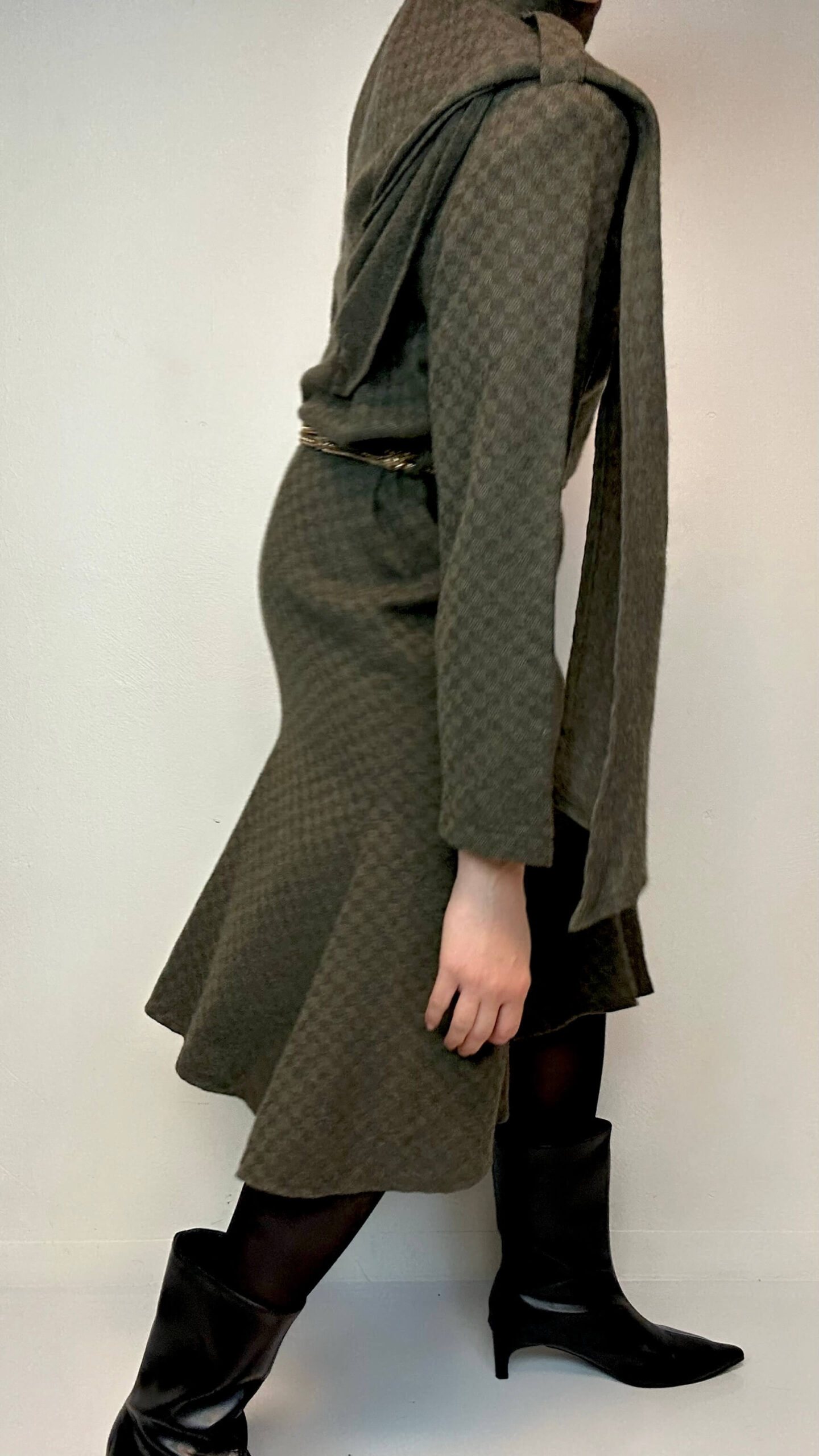 Olive green check soft woolen dress with a scarf - Image 2