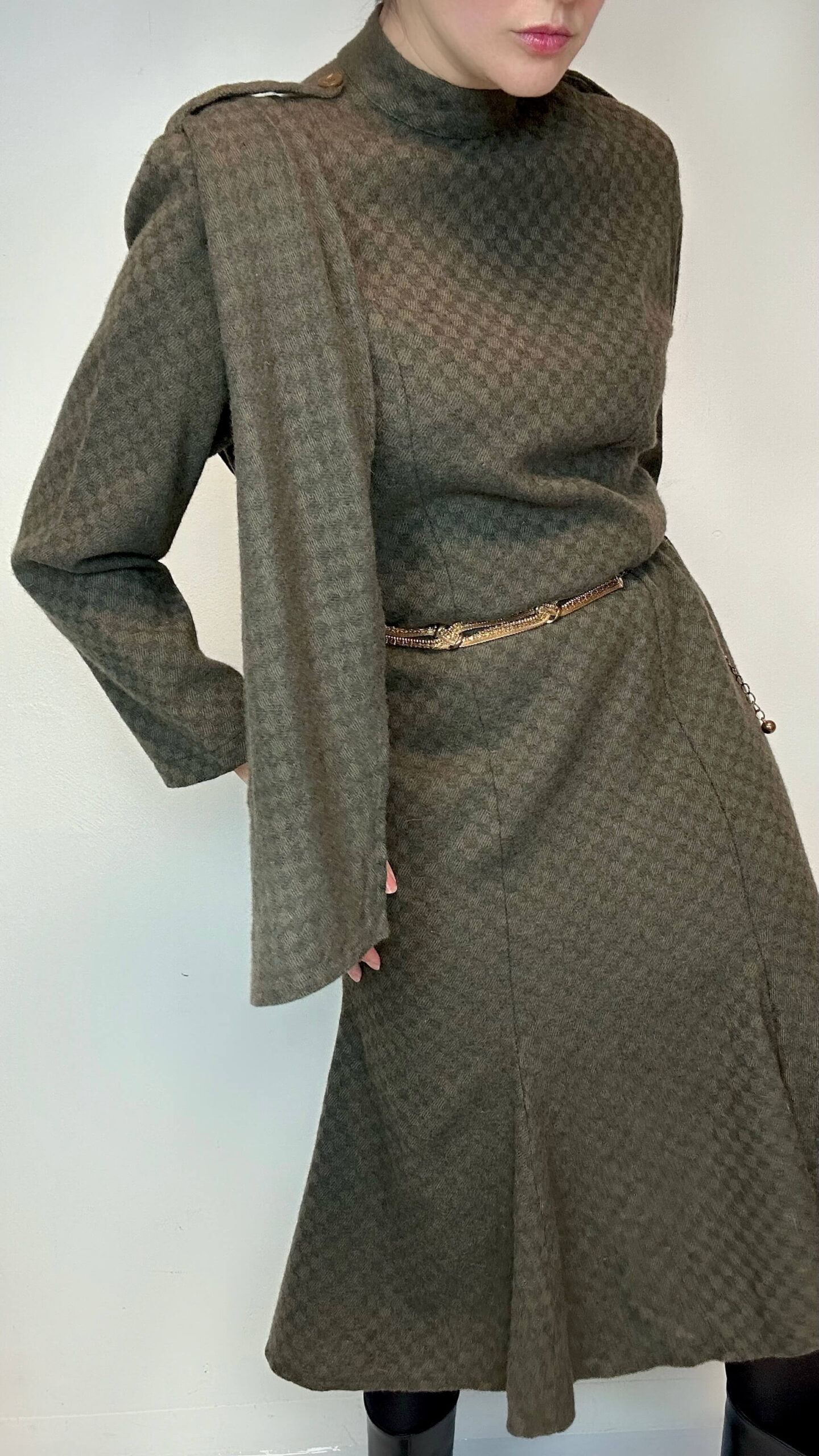 Olive green check soft woolen dress with a scarf