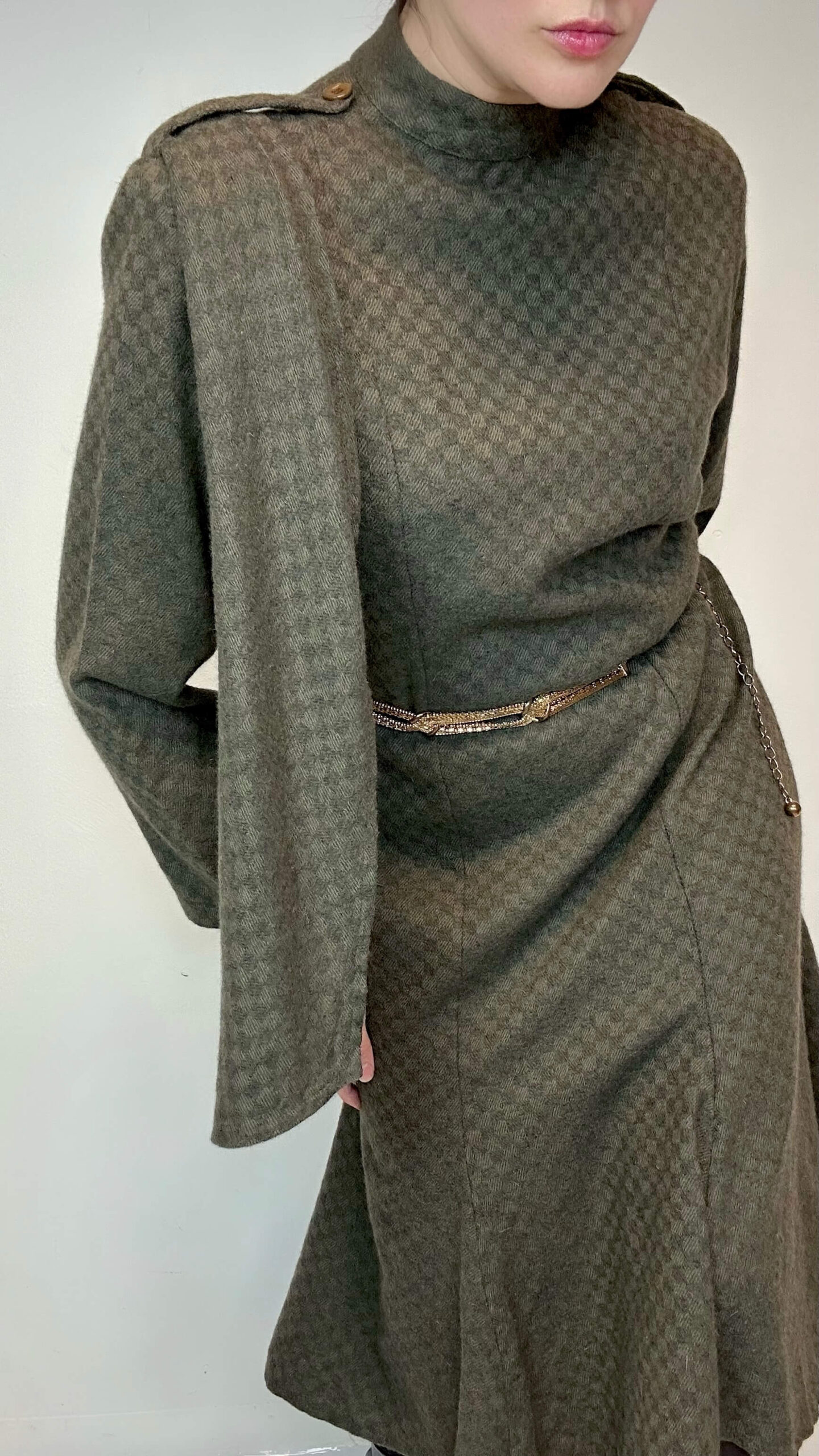 Olive green check soft woolen dress with a scarf - Image 3