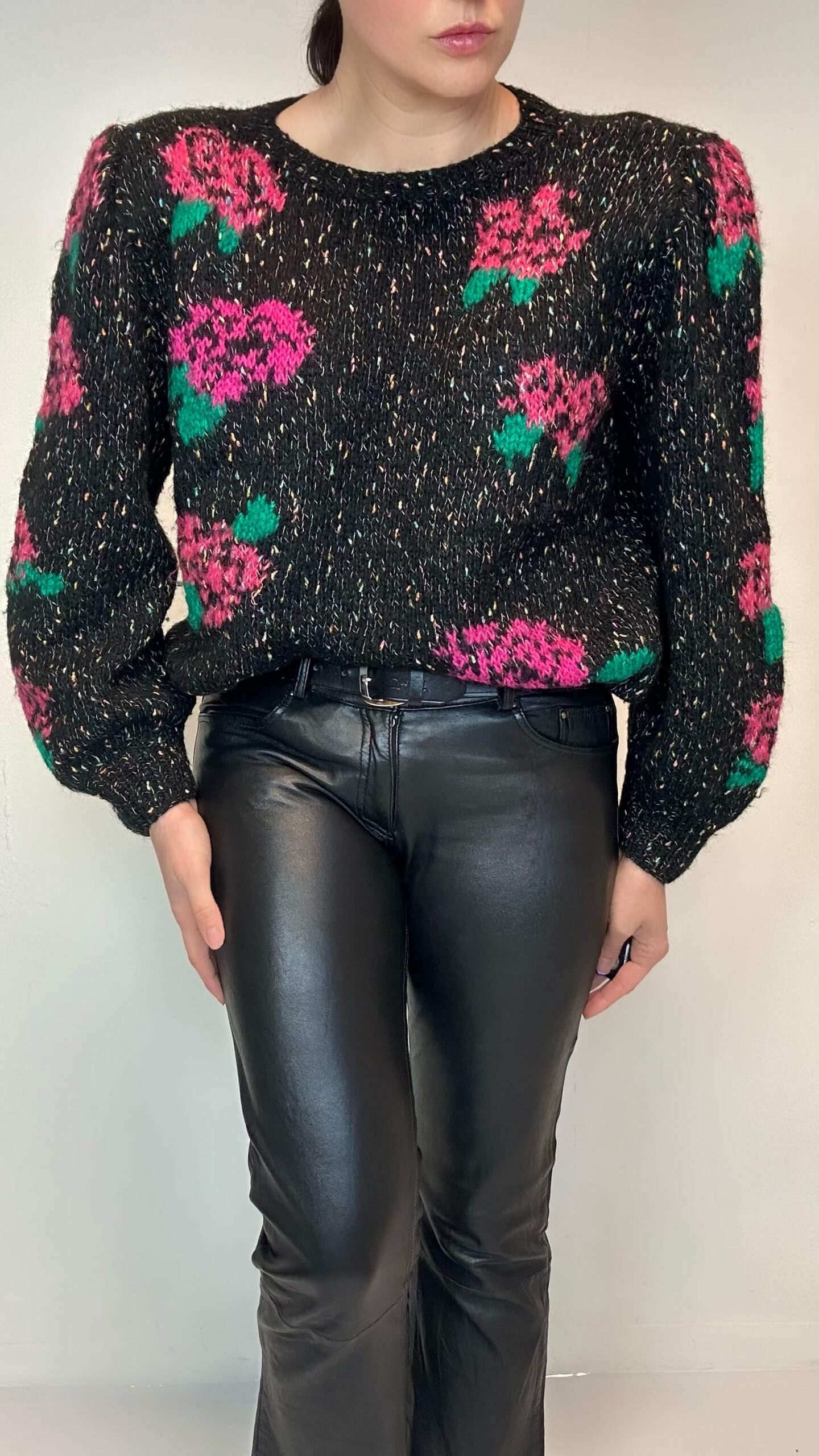 Hand-knitted sweater with big roses