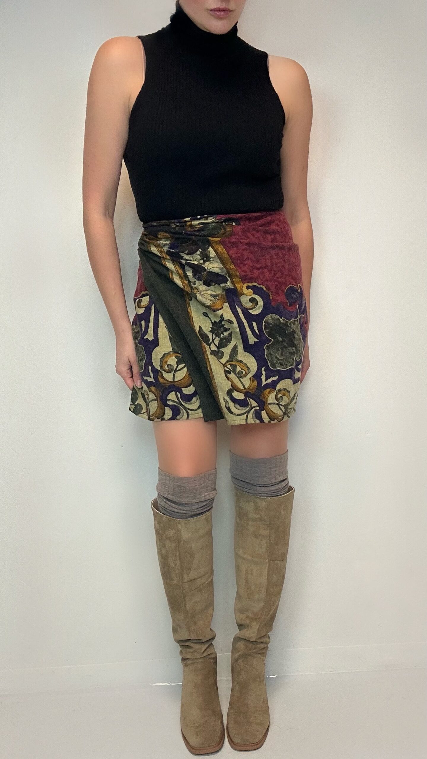 Baroque-inspired woolen wrap skirt