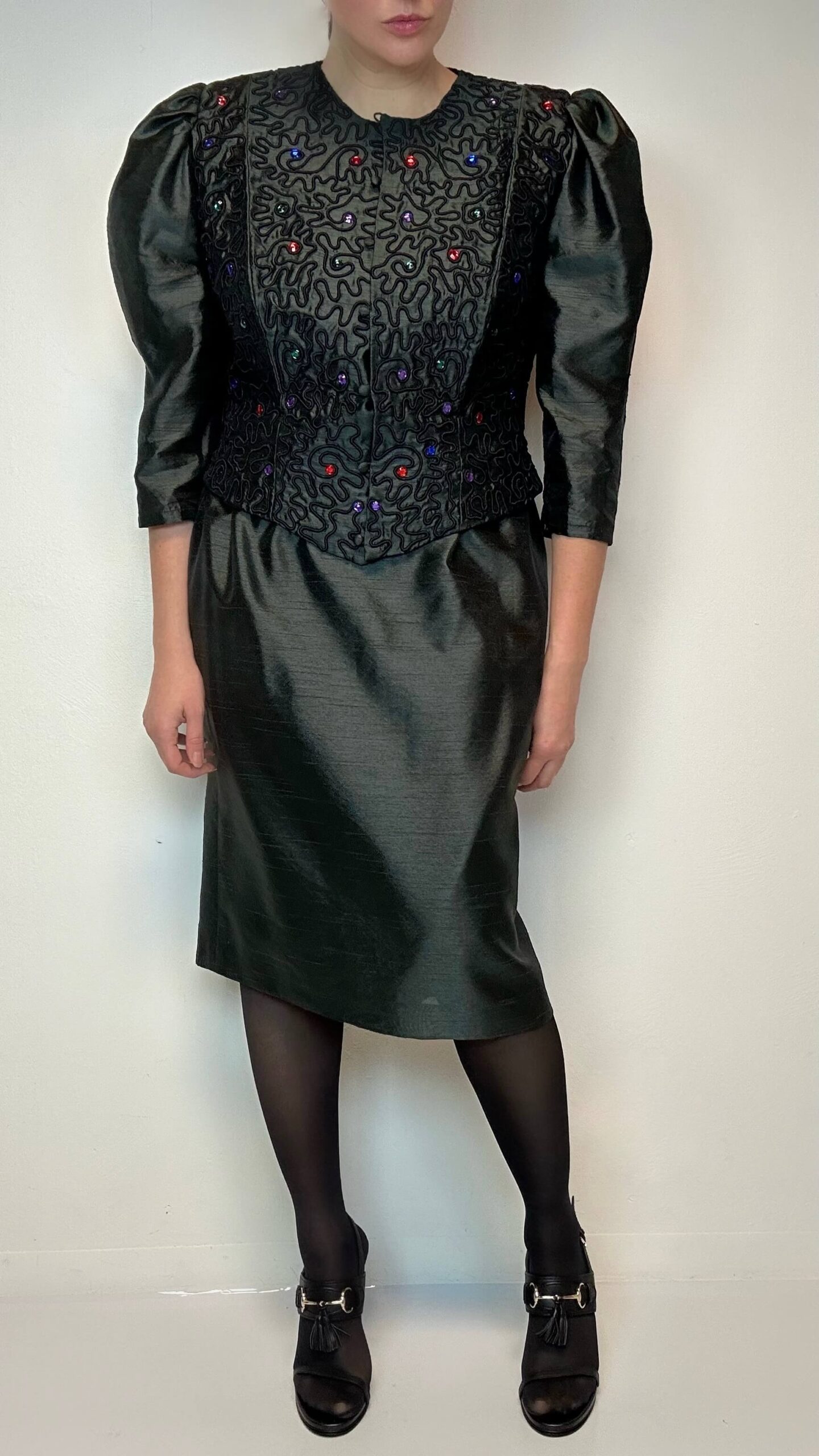Statement silk look set of heavy embroidered jacket and pencil skirt