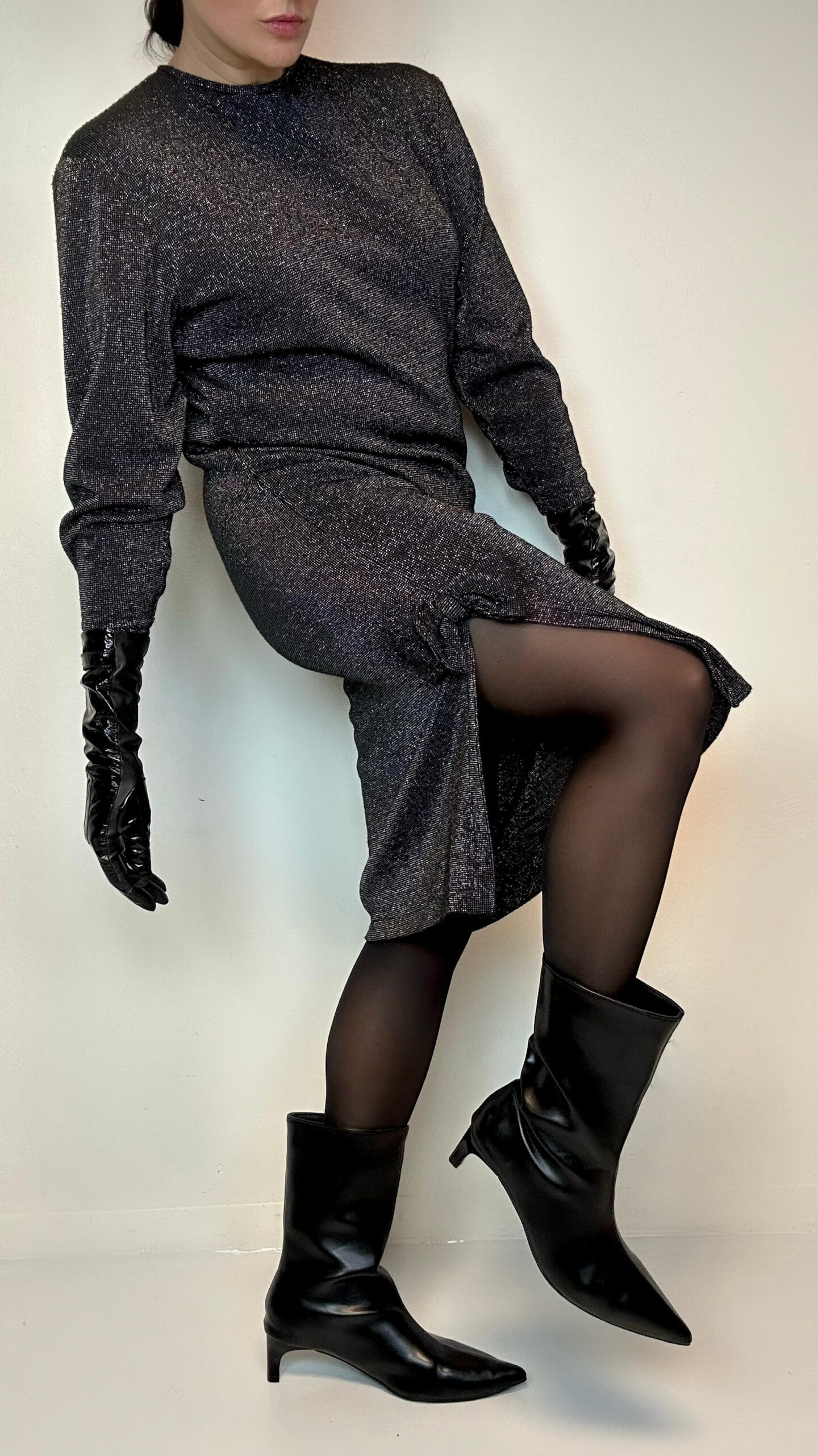 Italian silver shimmer stretchy dress with a bow