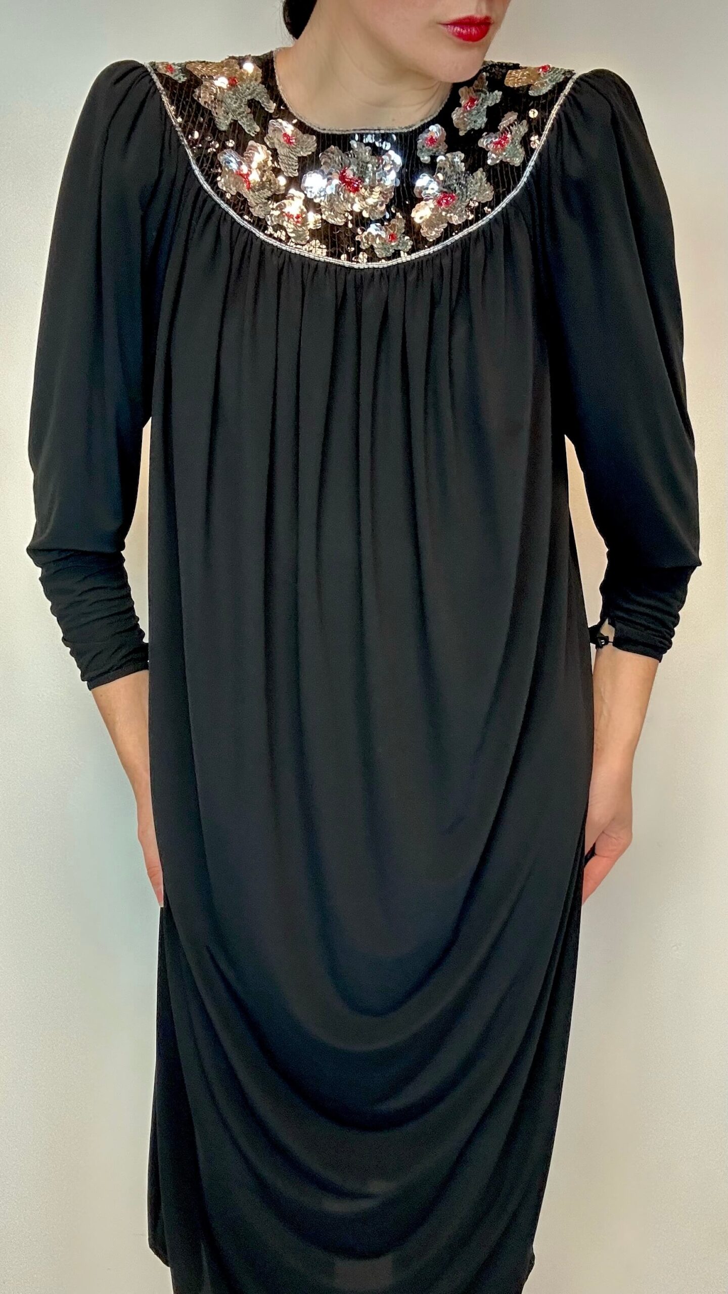 Korean cocoon dress with a sequined boat collar