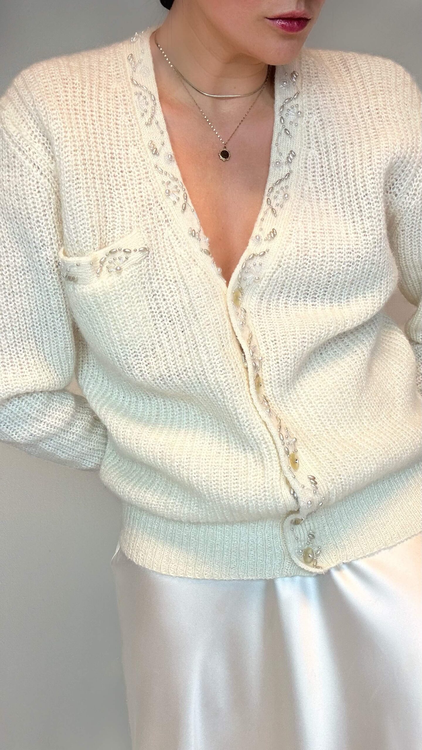 Mohair ivory cardigan with pearl embroidery