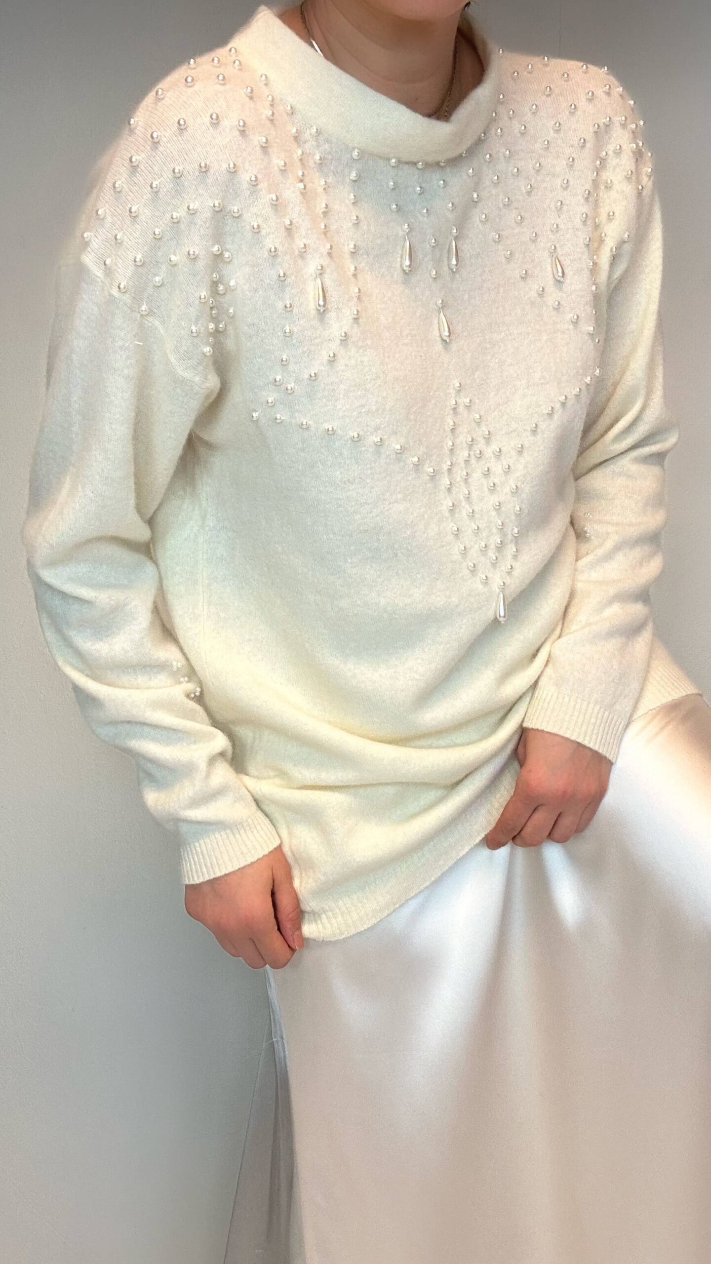 Angora blended ivory beige long sweater with pearl details