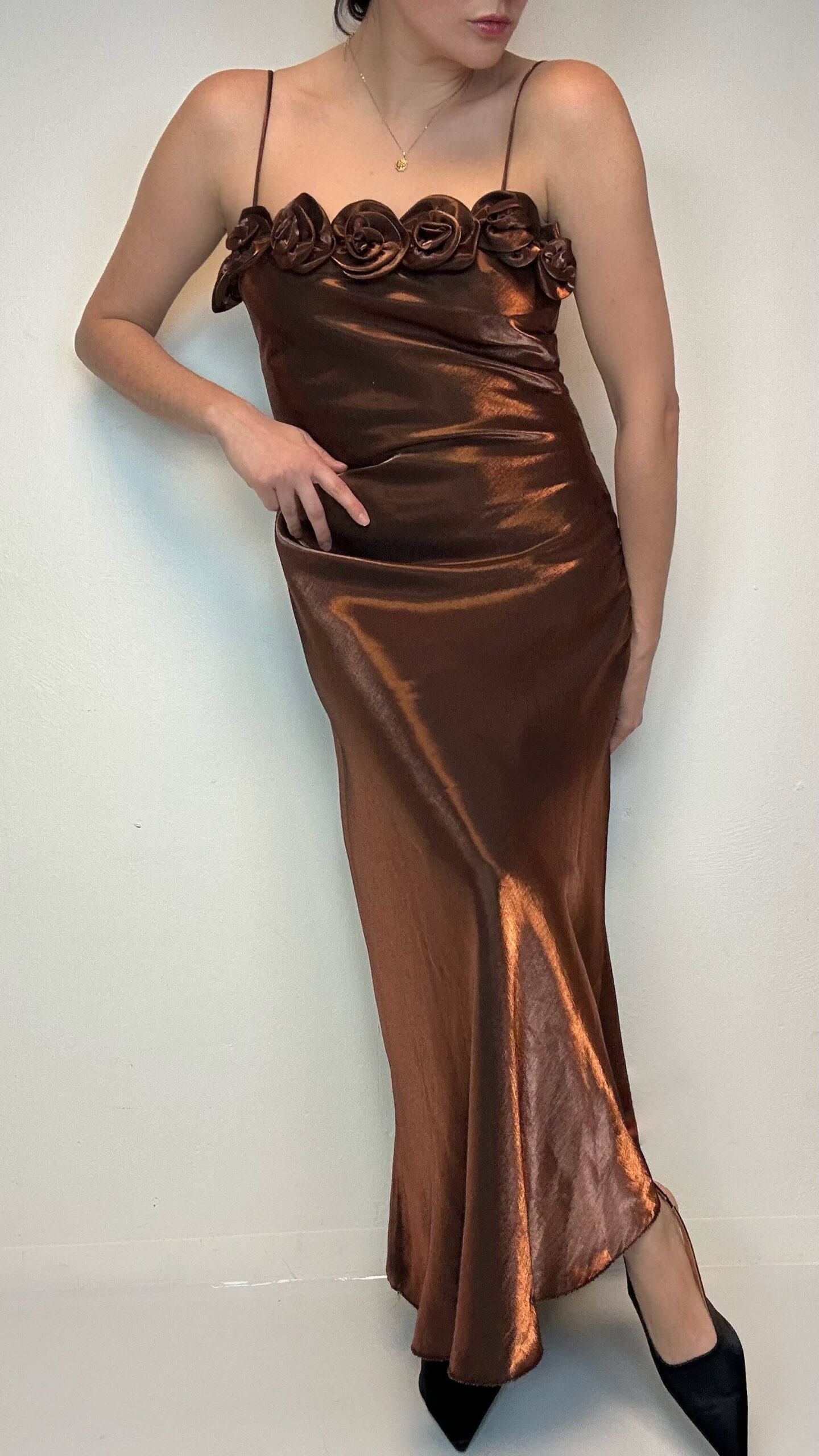 Evening shimmer maxi strap dress with a flower applique