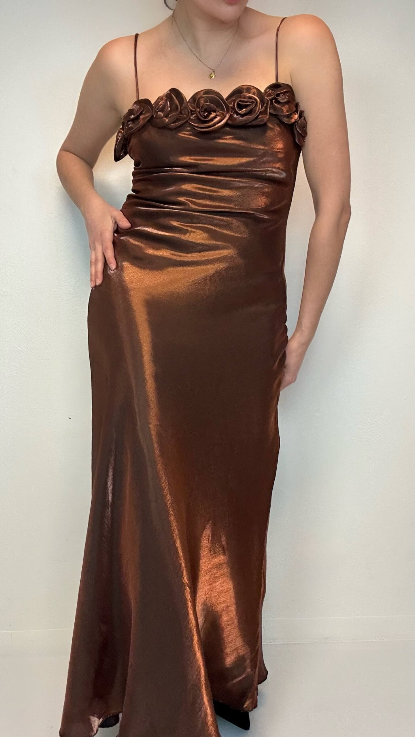 Evening shimmer maxi strap dress with a flower applique - Image 2