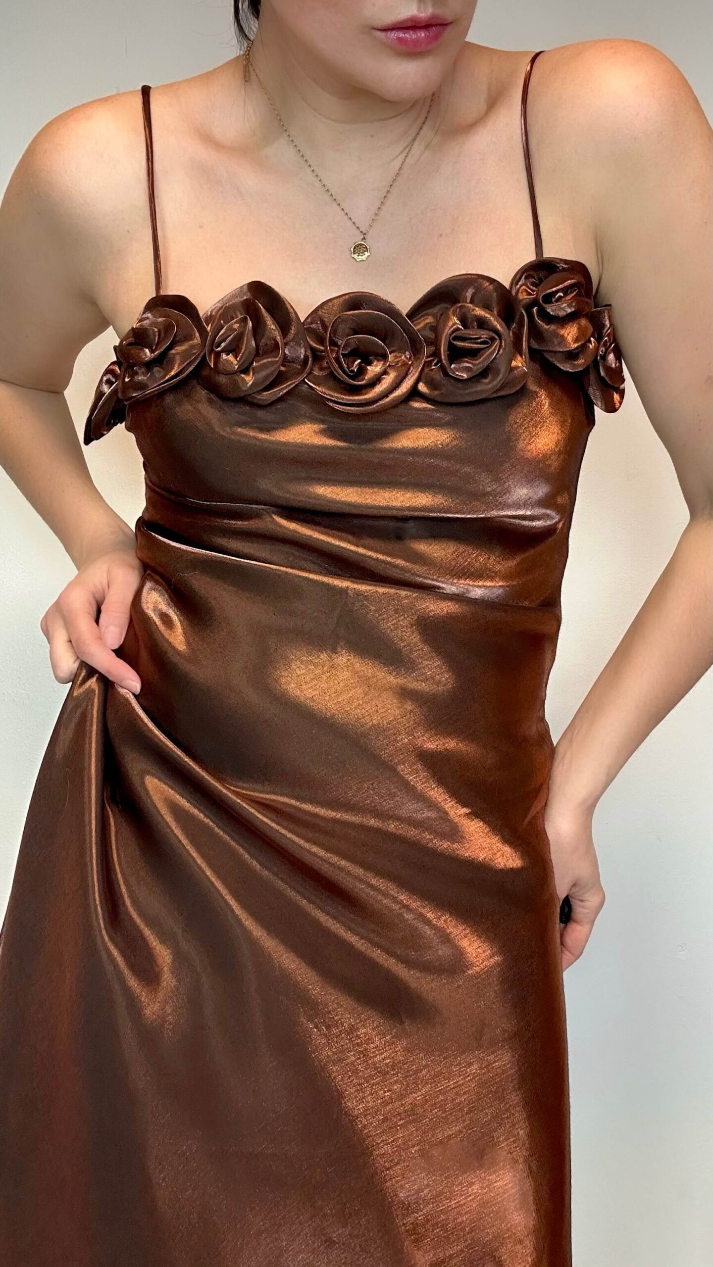 Evening shimmer maxi strap dress with a flower applique - Image 4