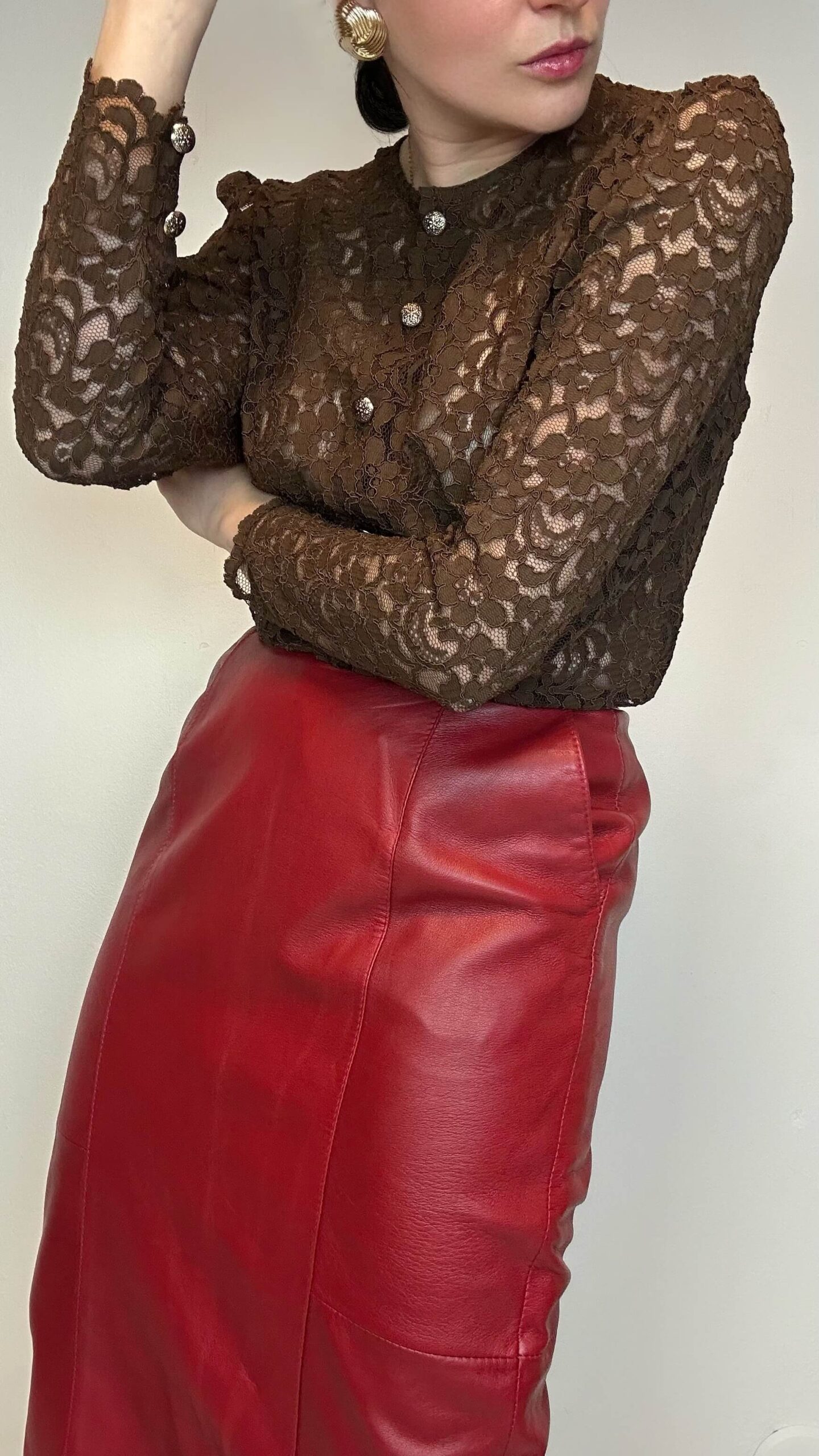 Lace chocolate brown blouse with golden buttons