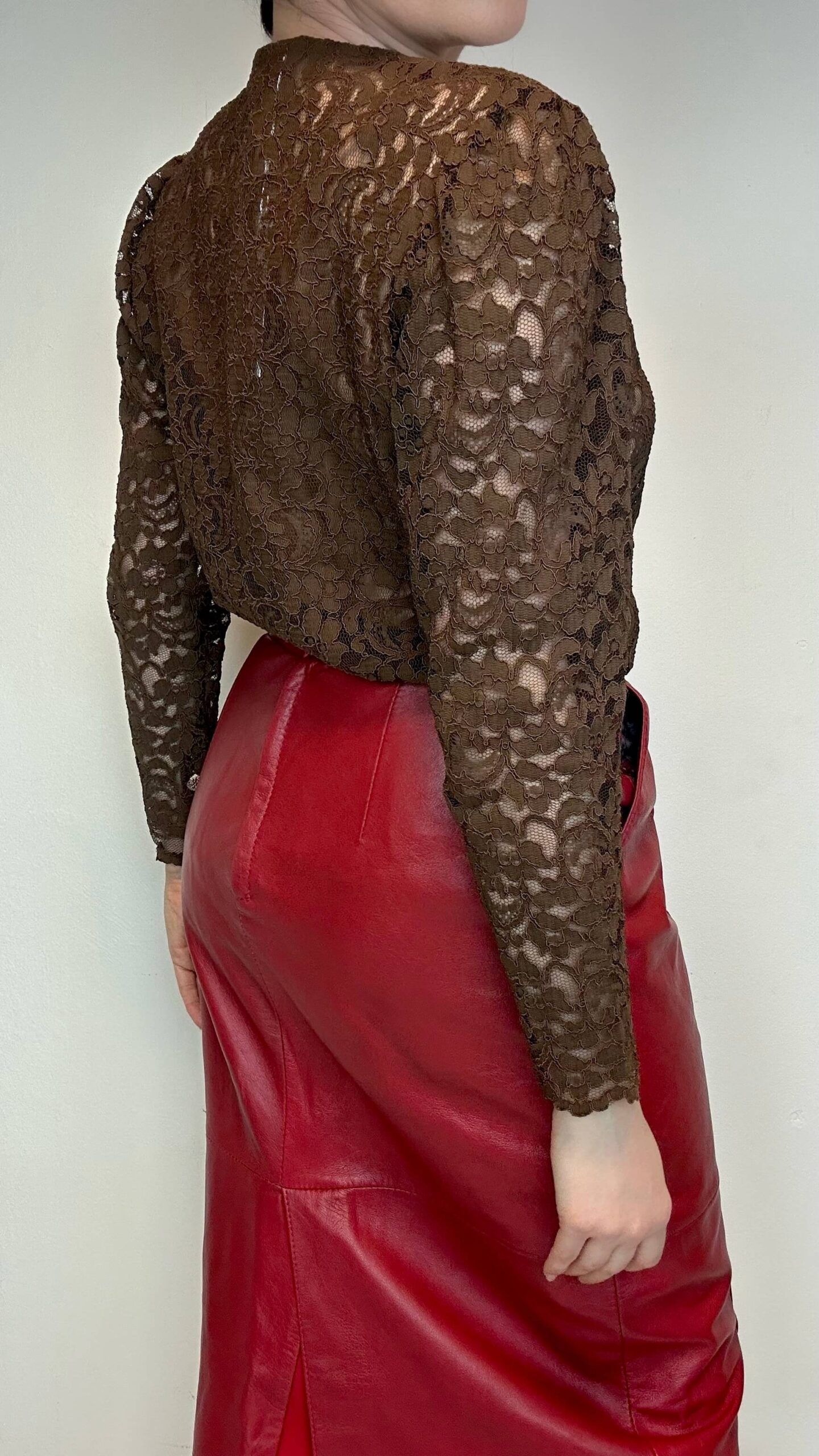 Lace chocolate brown blouse with golden buttons - Image 2