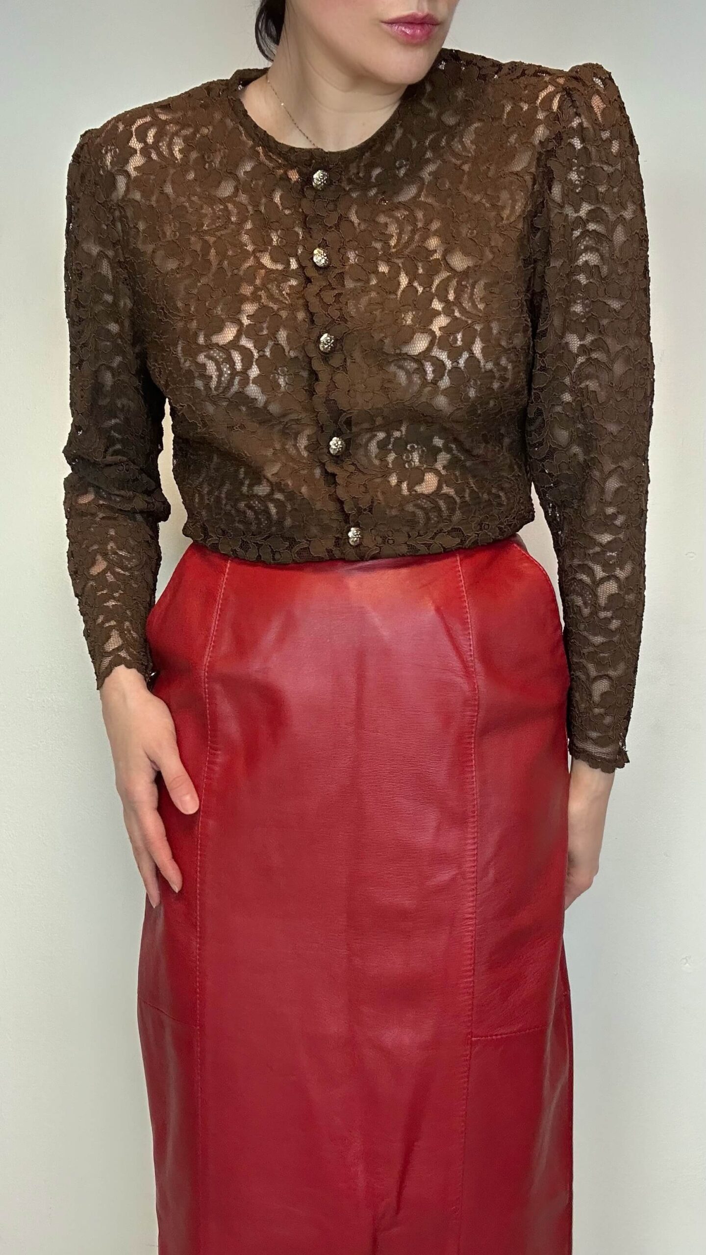 Lace chocolate brown blouse with golden buttons - Image 3