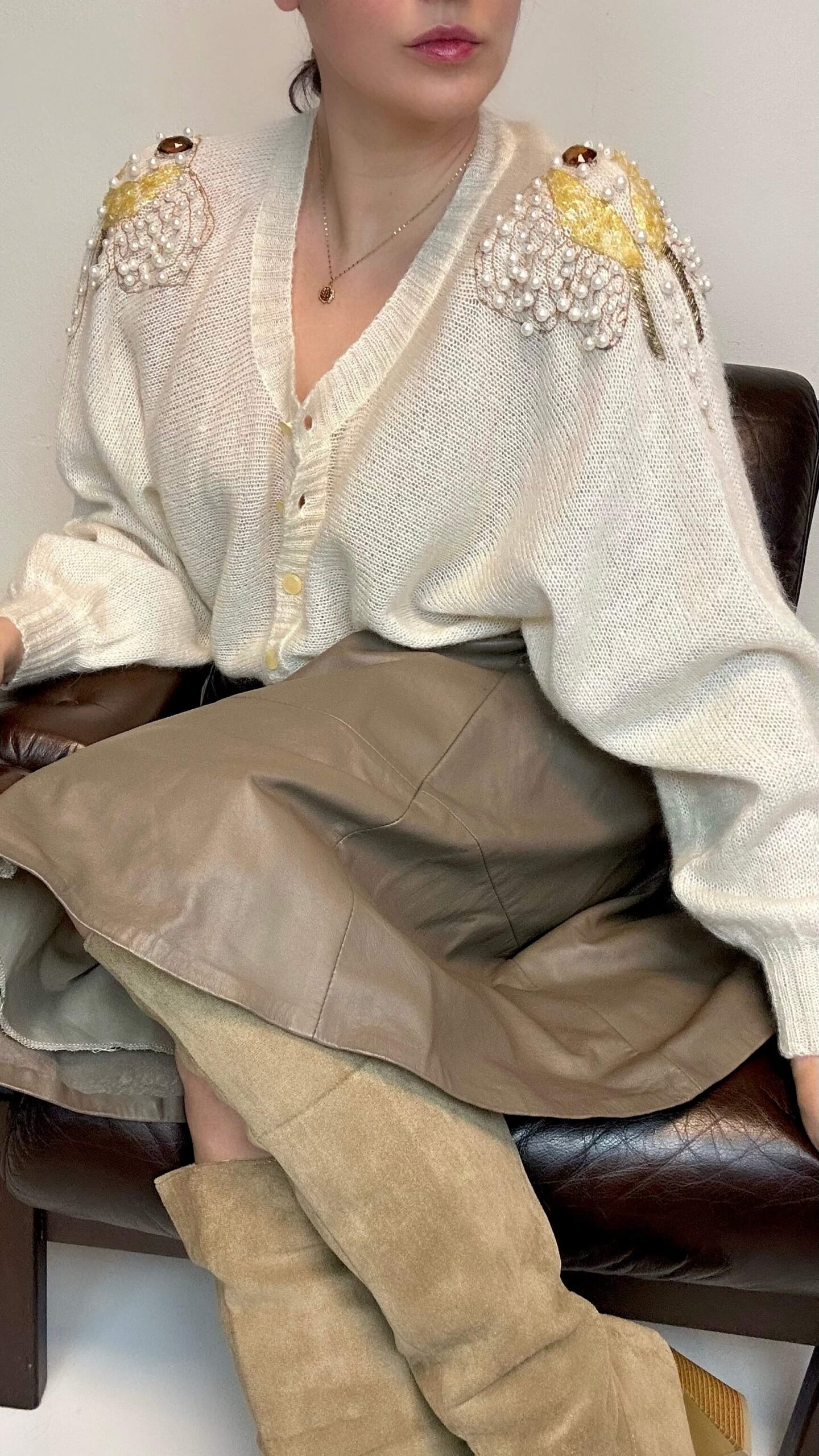 Woolen Italian sand beige baggy cardigan with stone applications