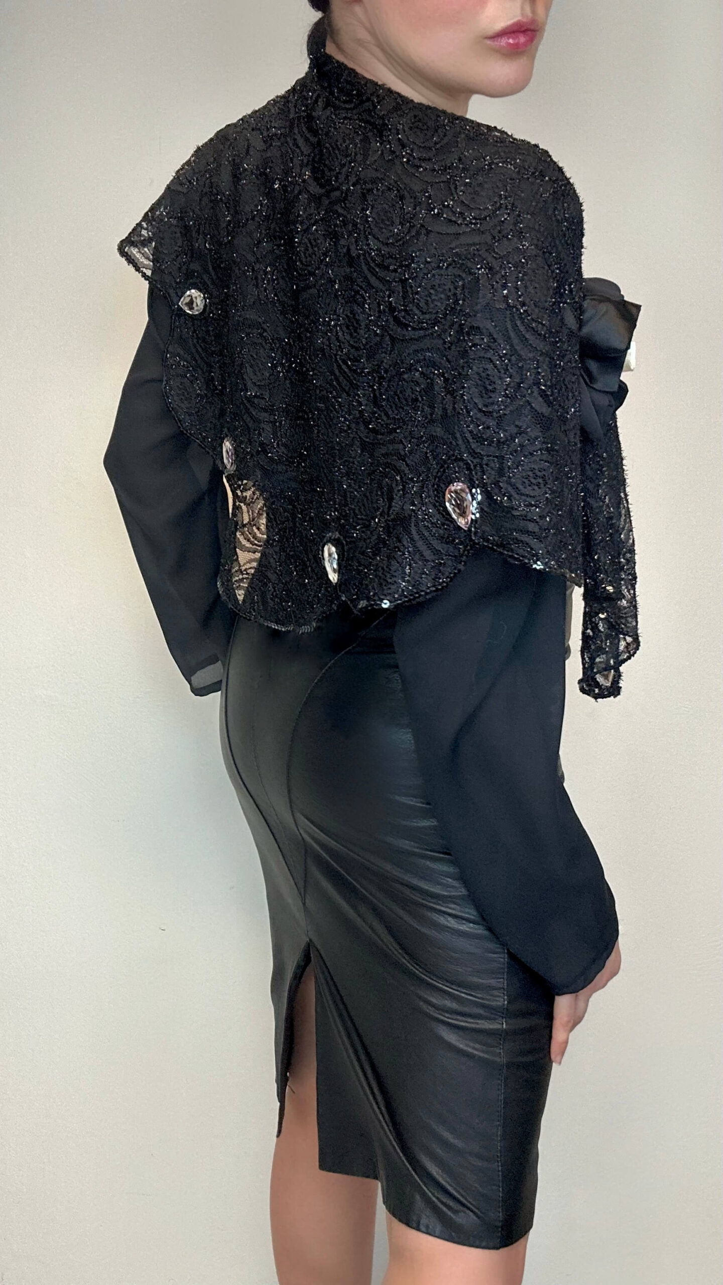 French cape black blouse with a flower applique - Image 2