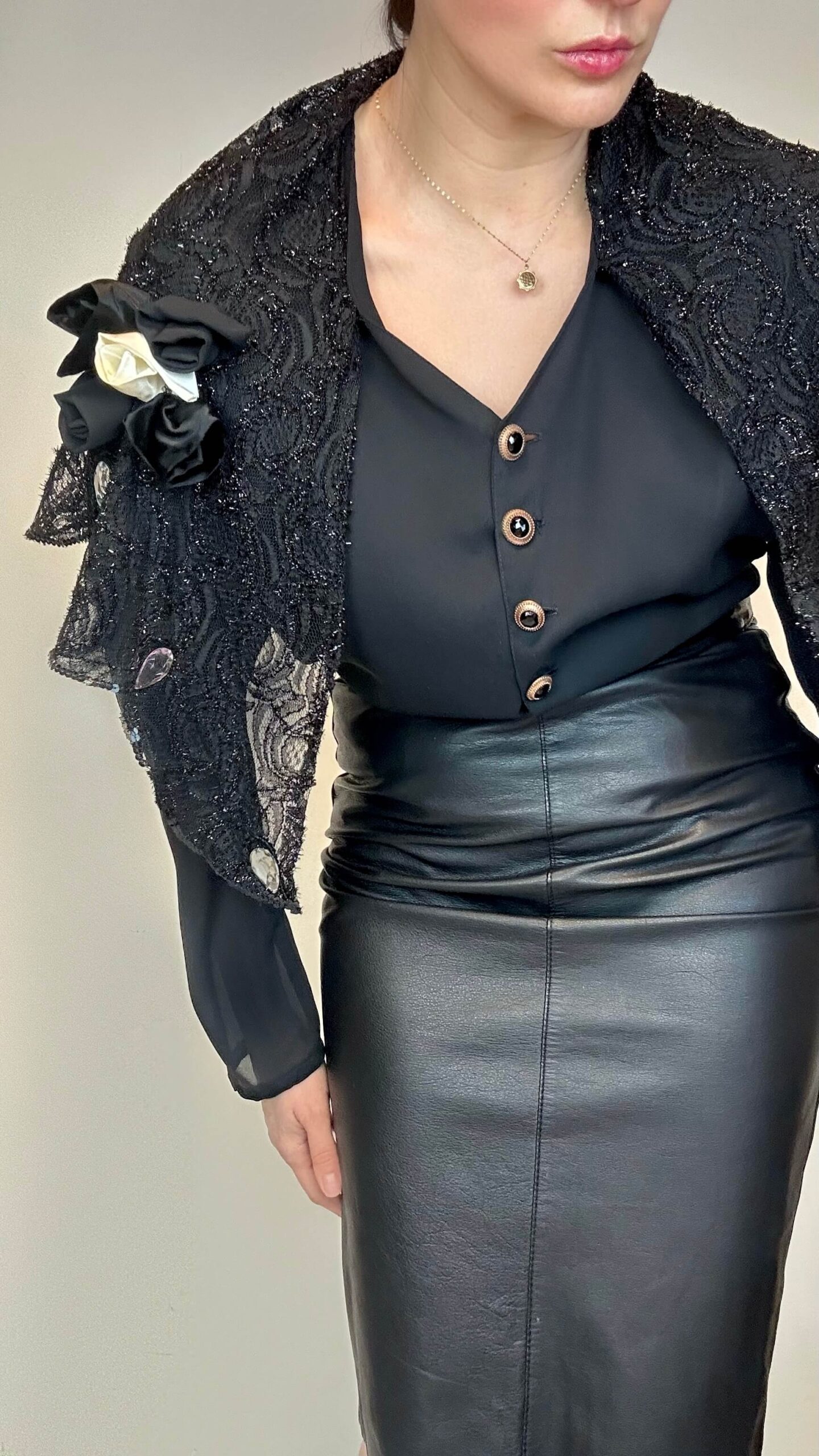 French cape black blouse with a flower applique - Image 3