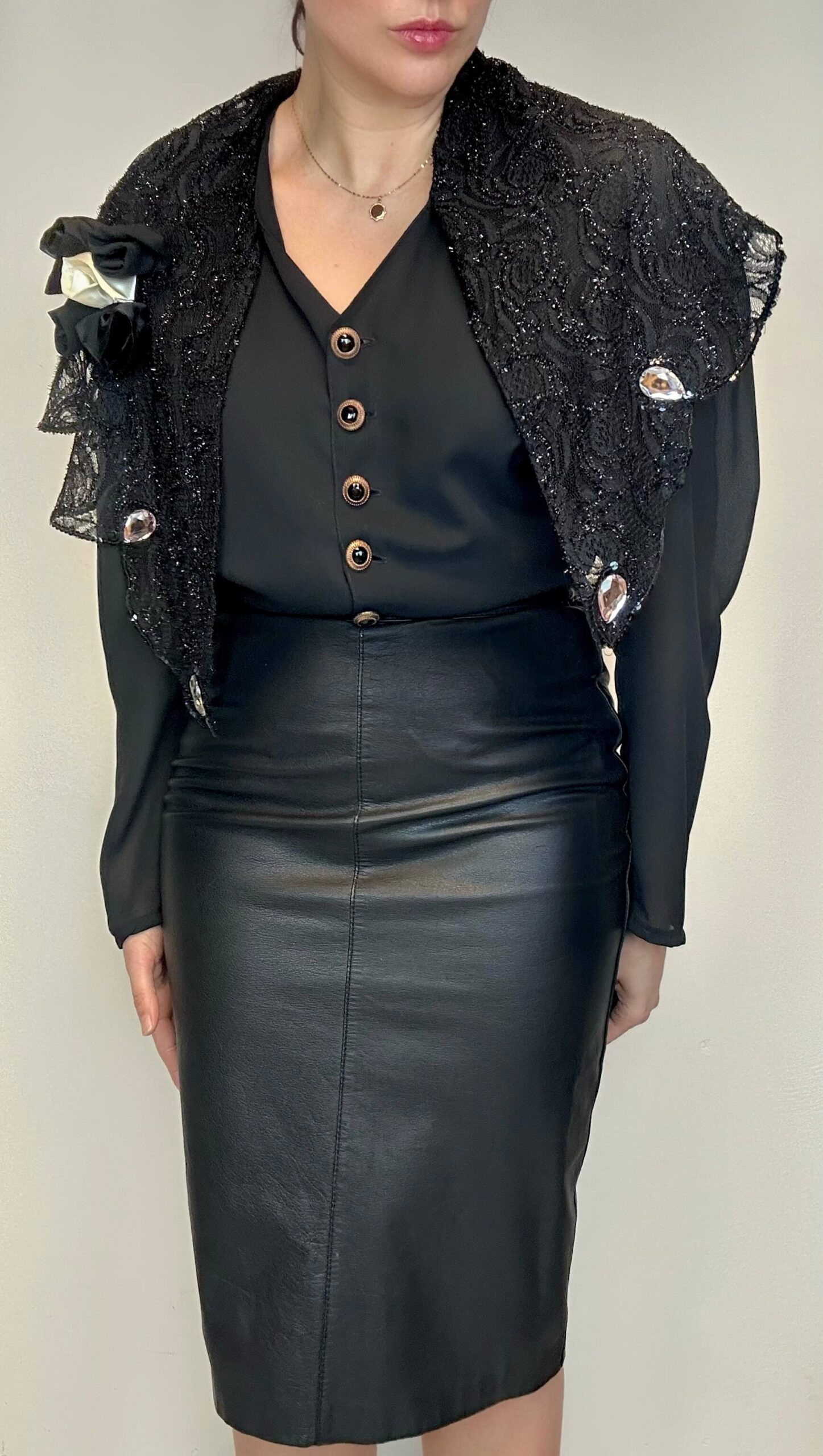 French cape black blouse with a flower applique - Image 4