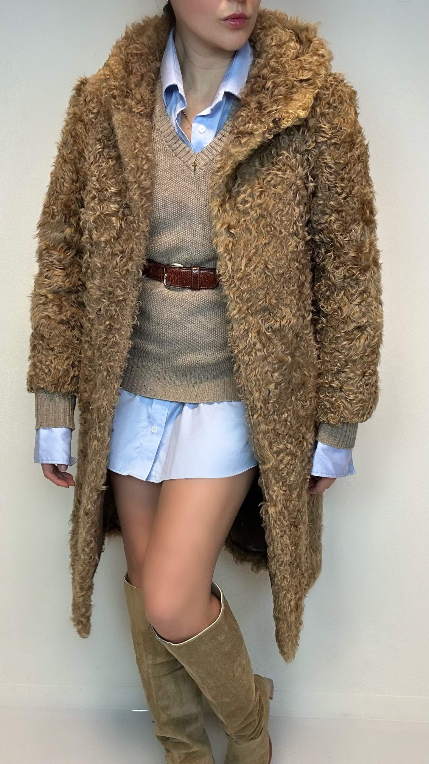 Caramel brown genuine fur coat with a hood