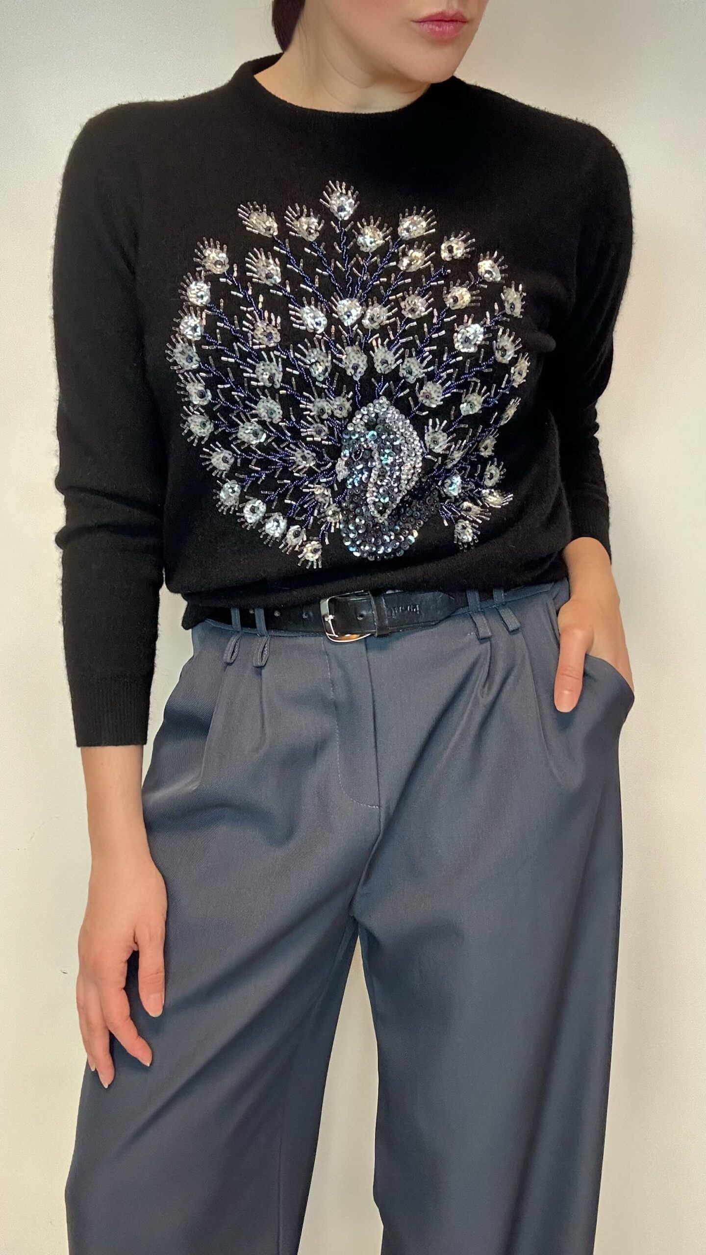 Angora blend woolen sweater with a peacock embroidery