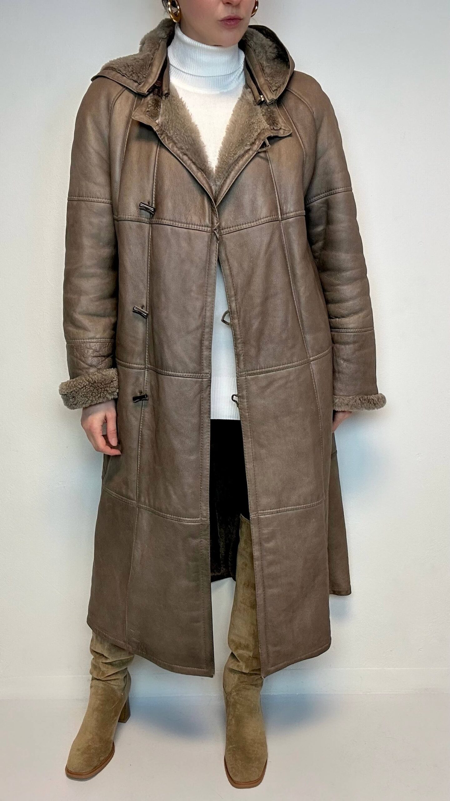 Taupe long sheepskin coat