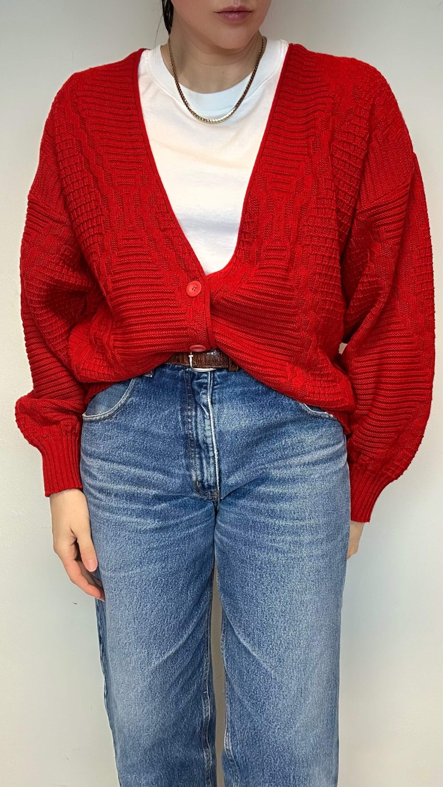 Old money red wool cardigan with a deep v-neck
