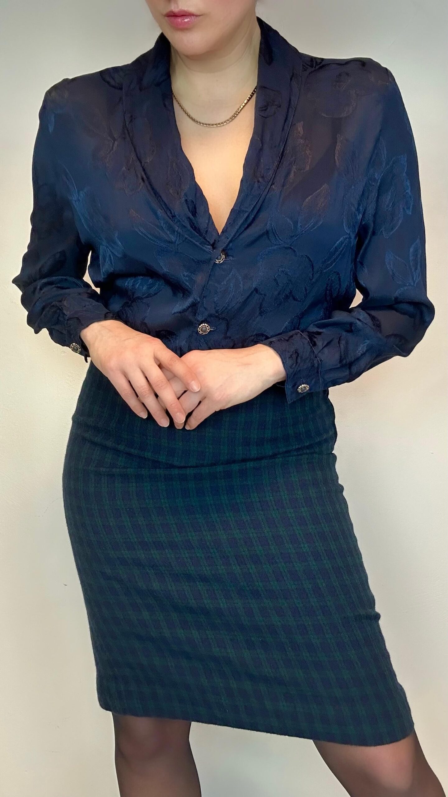 Office wool green check skirt