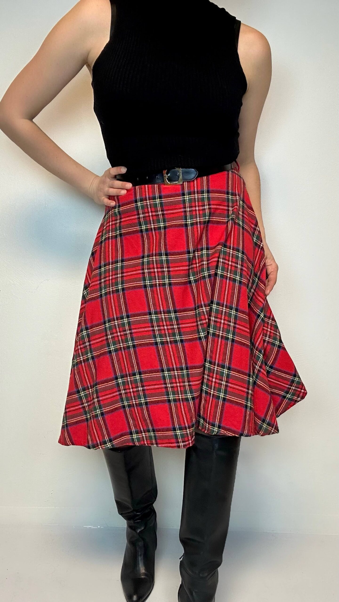 Red wool blend tartan wide skirt with a stretch waist