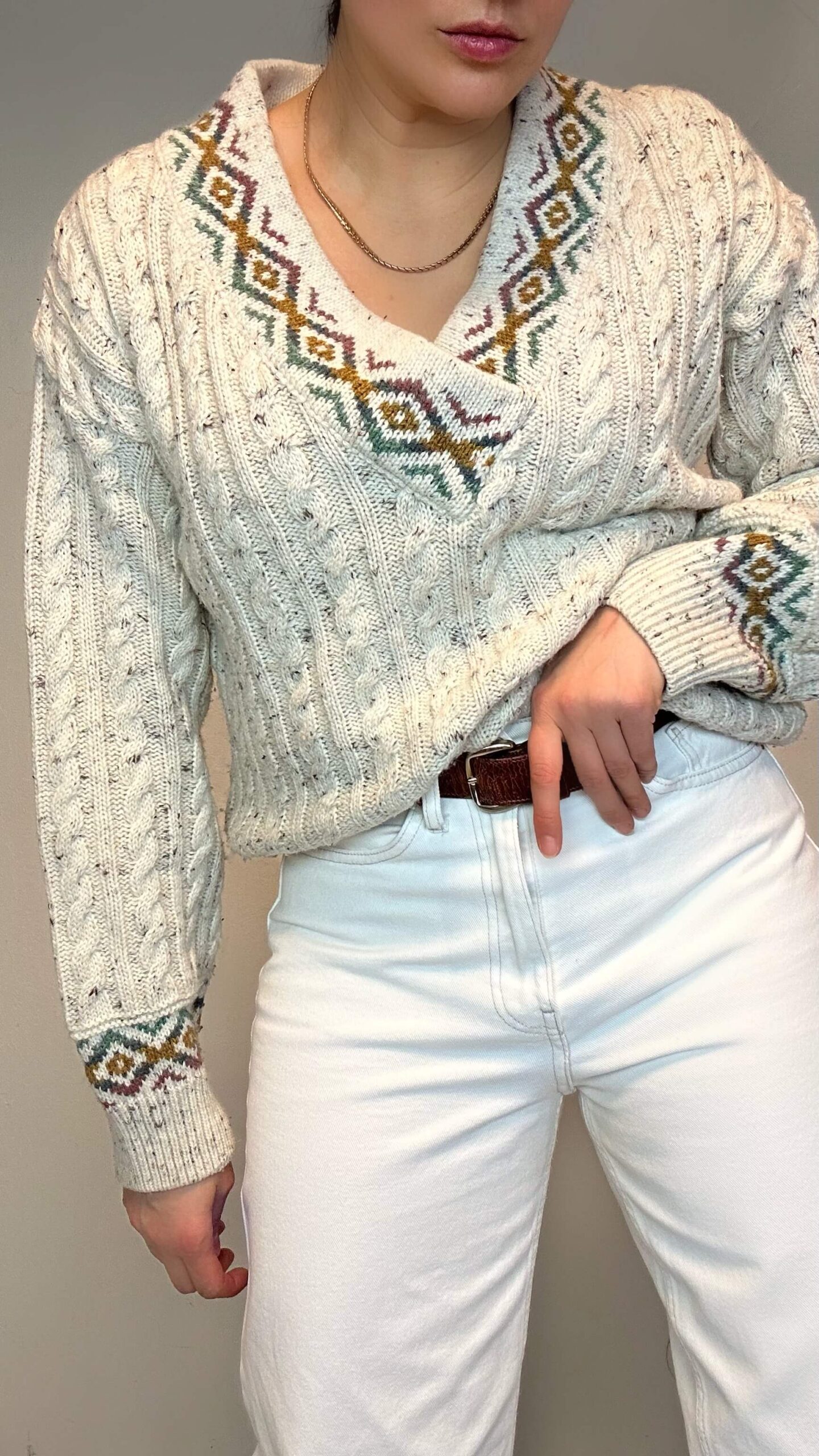 Beige wool mix cabin sweater with a deep v-neck