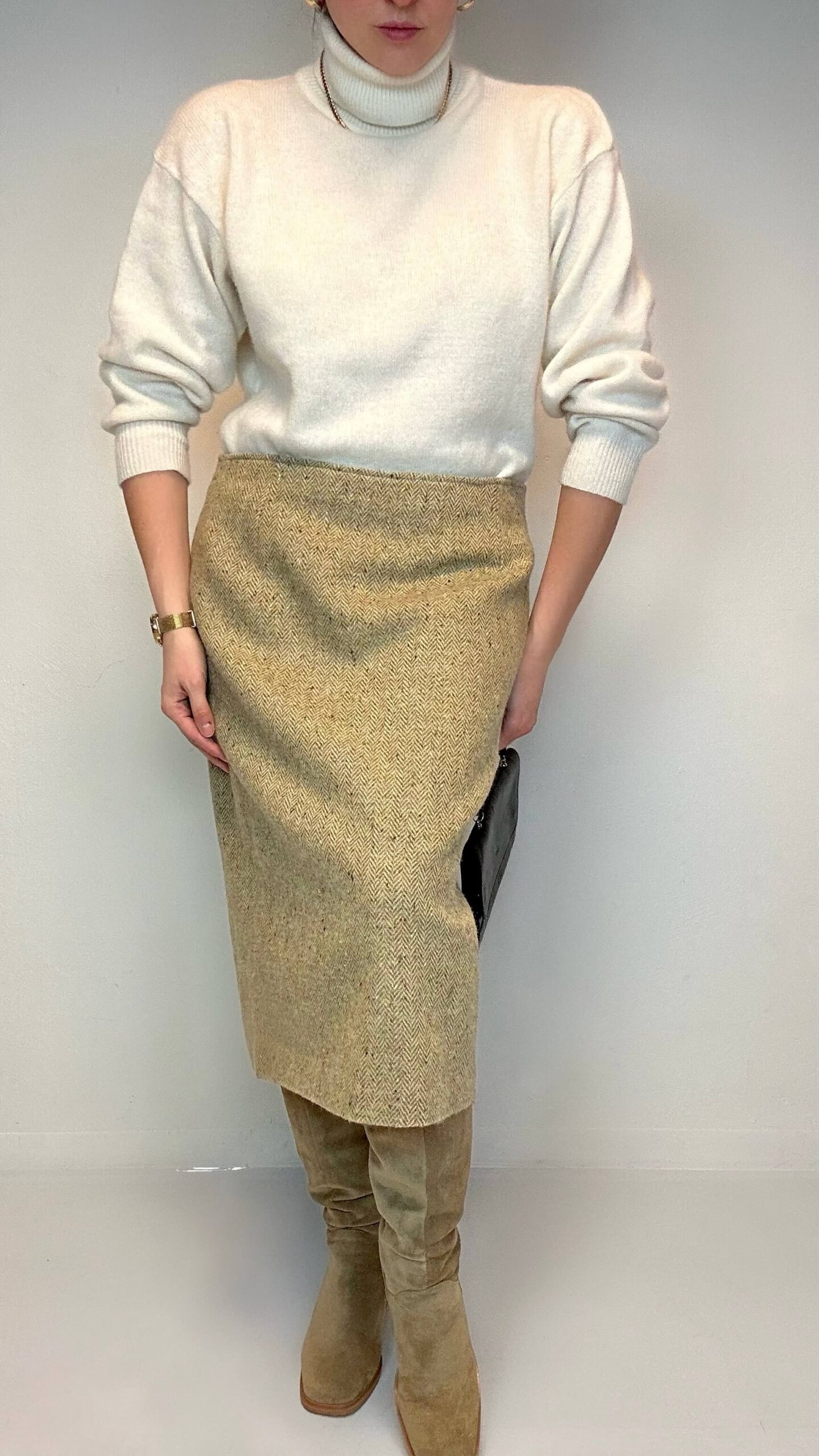 Pastel olive green herringbone wool skirt