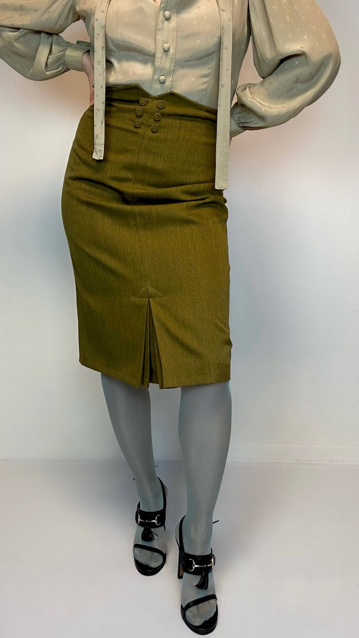 Italian olive green high waist office skirt