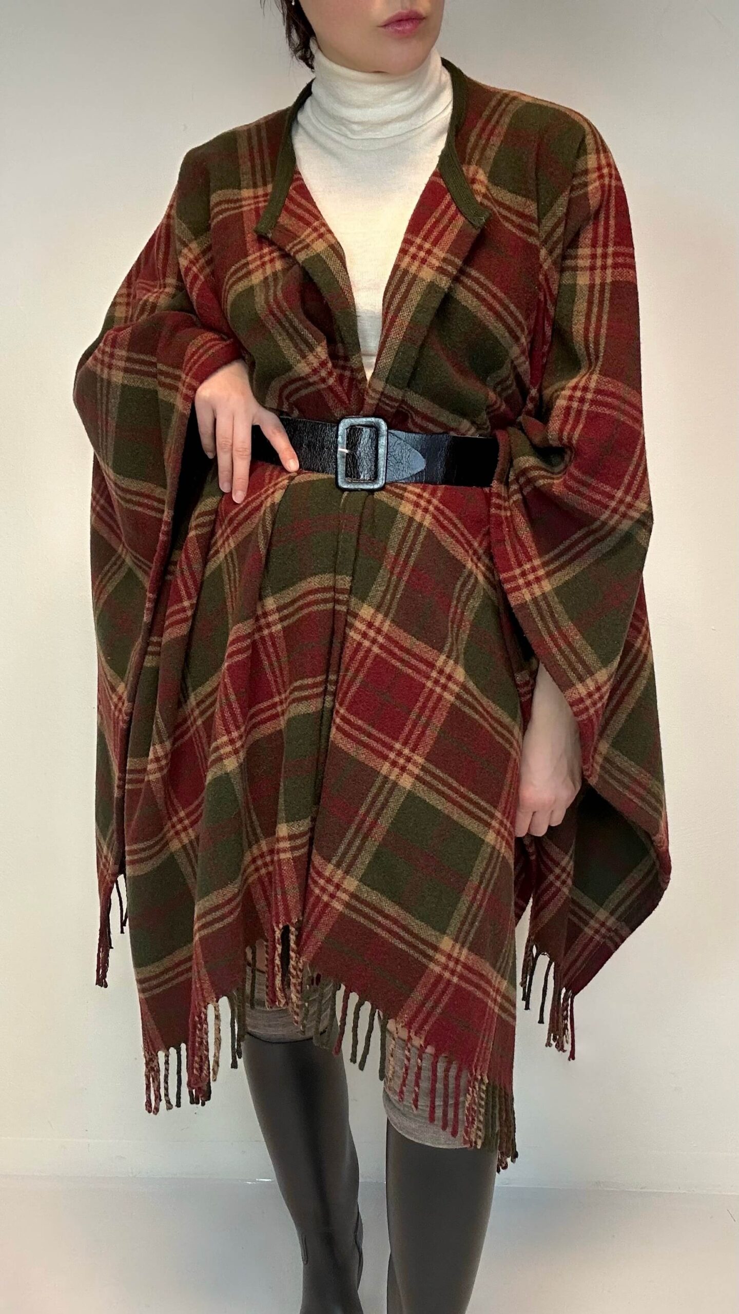 Rare wool blend tartan country cape with fringes