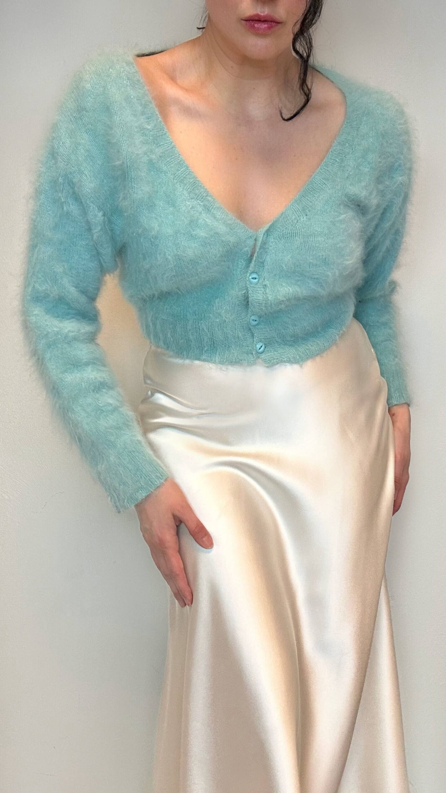 Angora soft teal blue crop cardigan