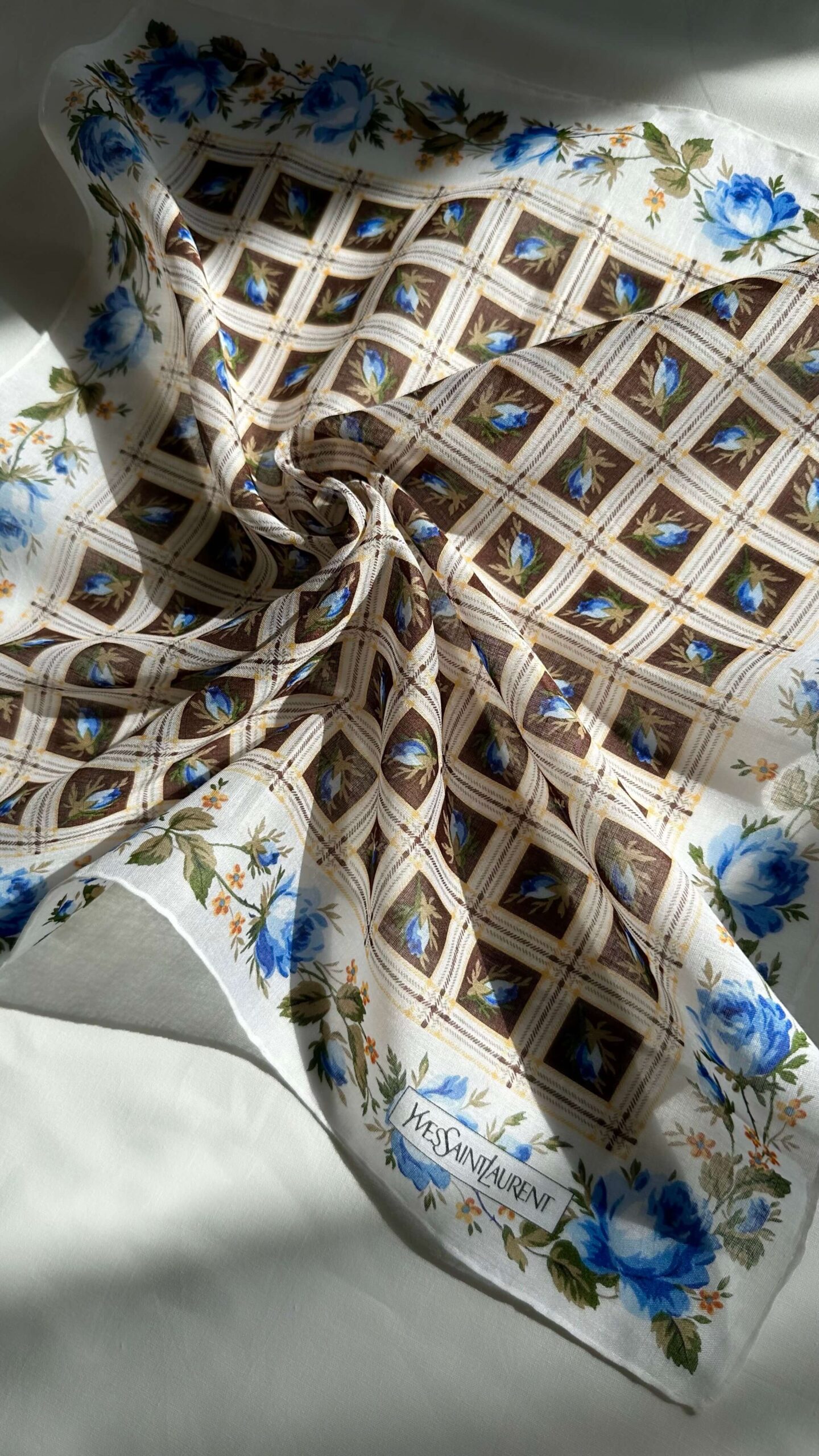 YVES SAINT LAURENT blue rose print cotton handkerchief. 1970-early 1980s.