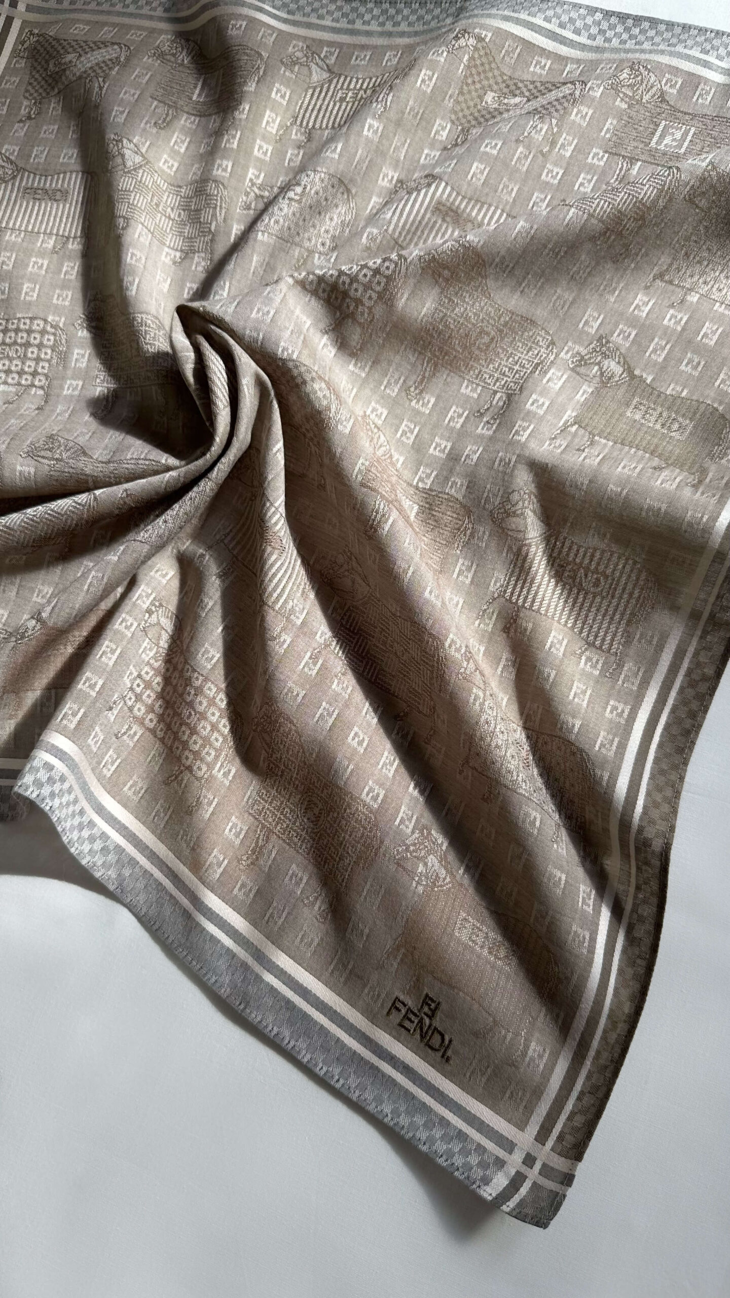 FENDI FF Equestrian motif cotton small scarf. Late 1980s - 1990s.