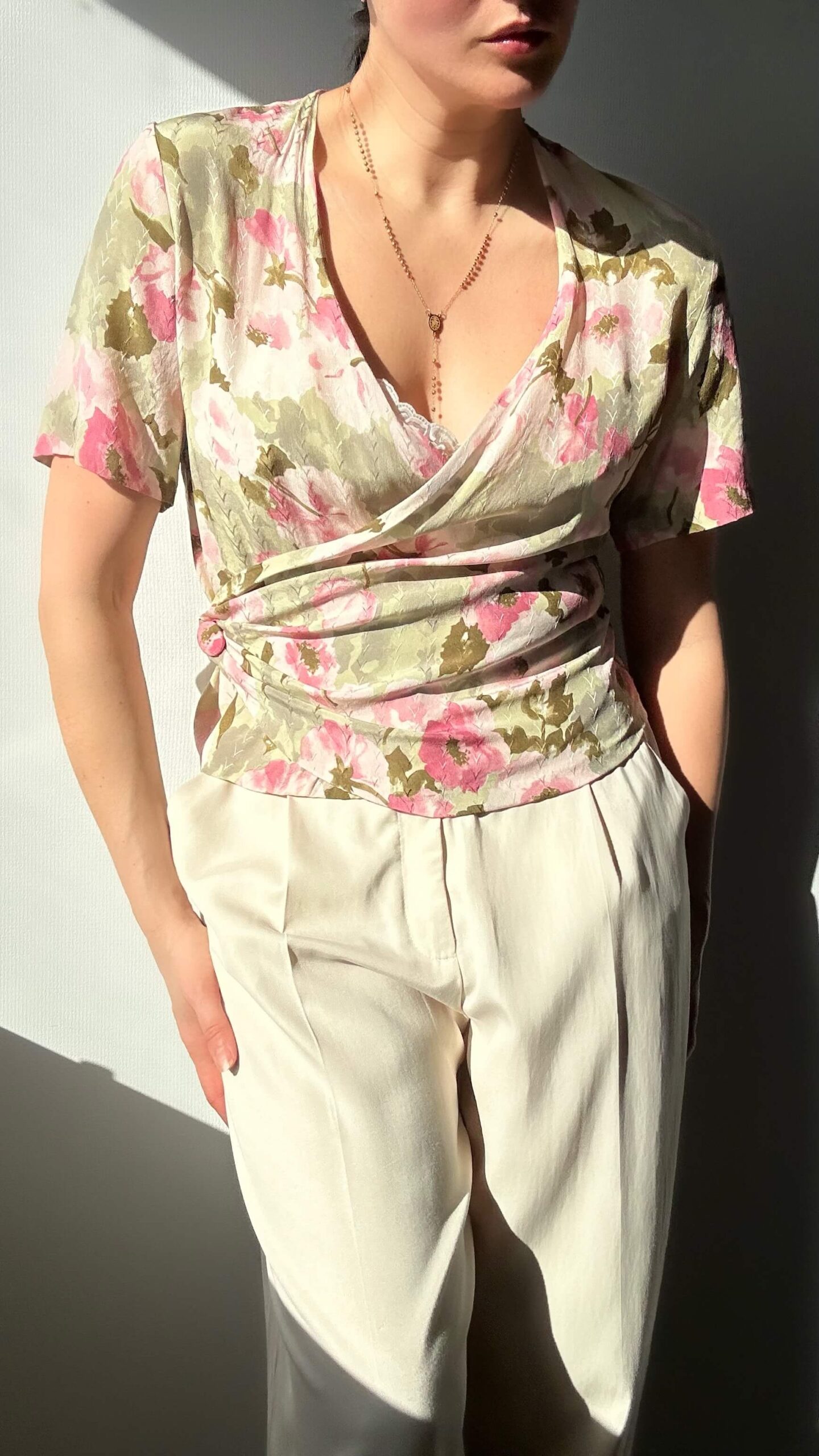 Silk wrap flower blouse