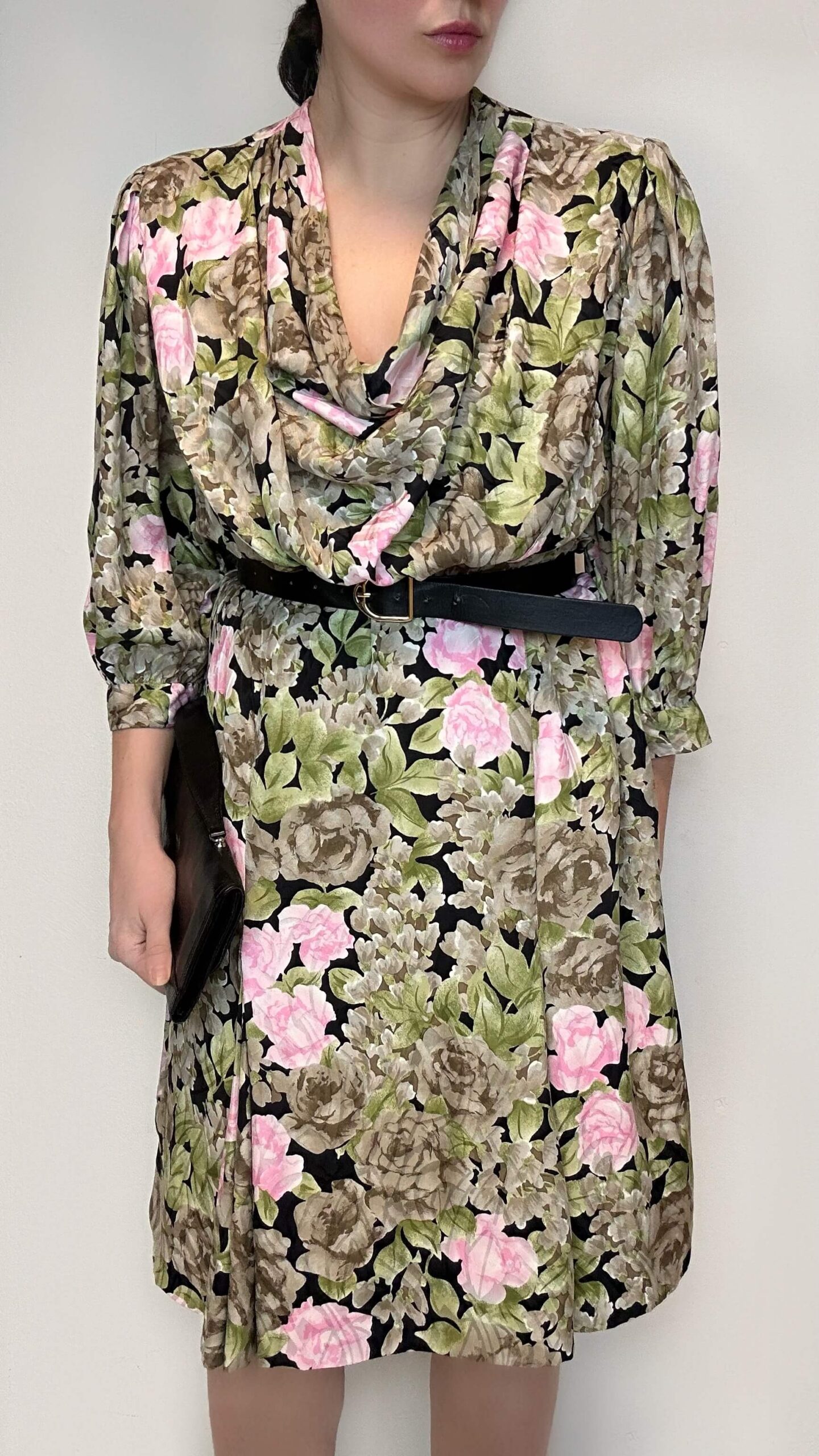 Silk floral midi dress with a draped collar