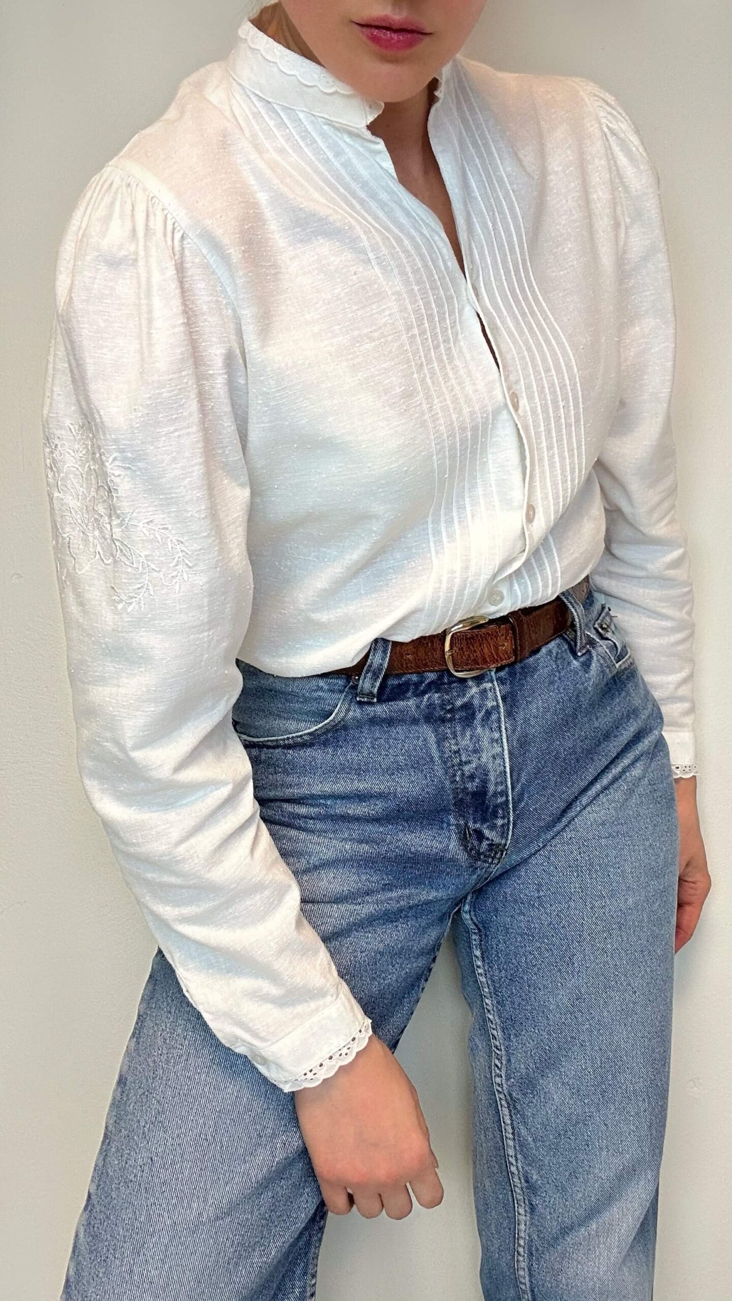 White cottage blouse with embroidered puff sleeves