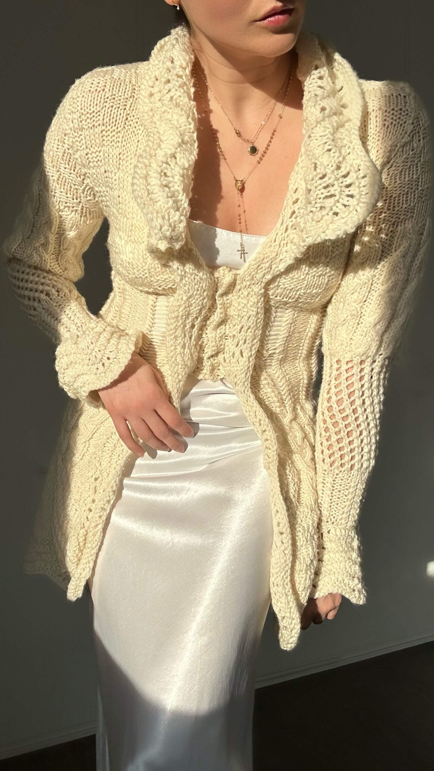 Boho chic hand-knitted creamy beige cardigan