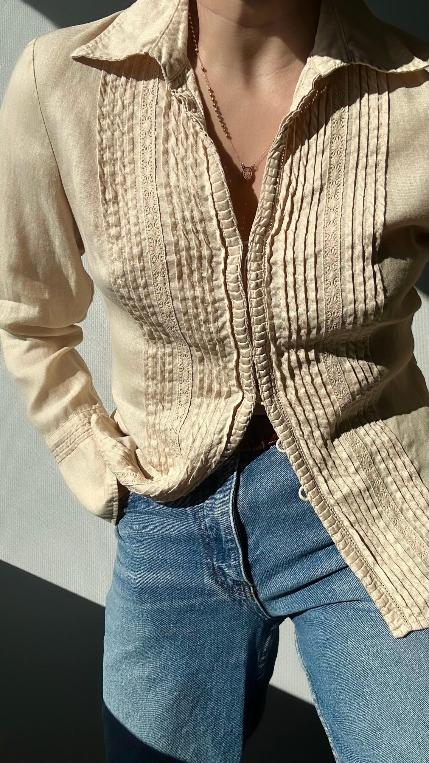 Linen sand beige heavy embroidered blouse