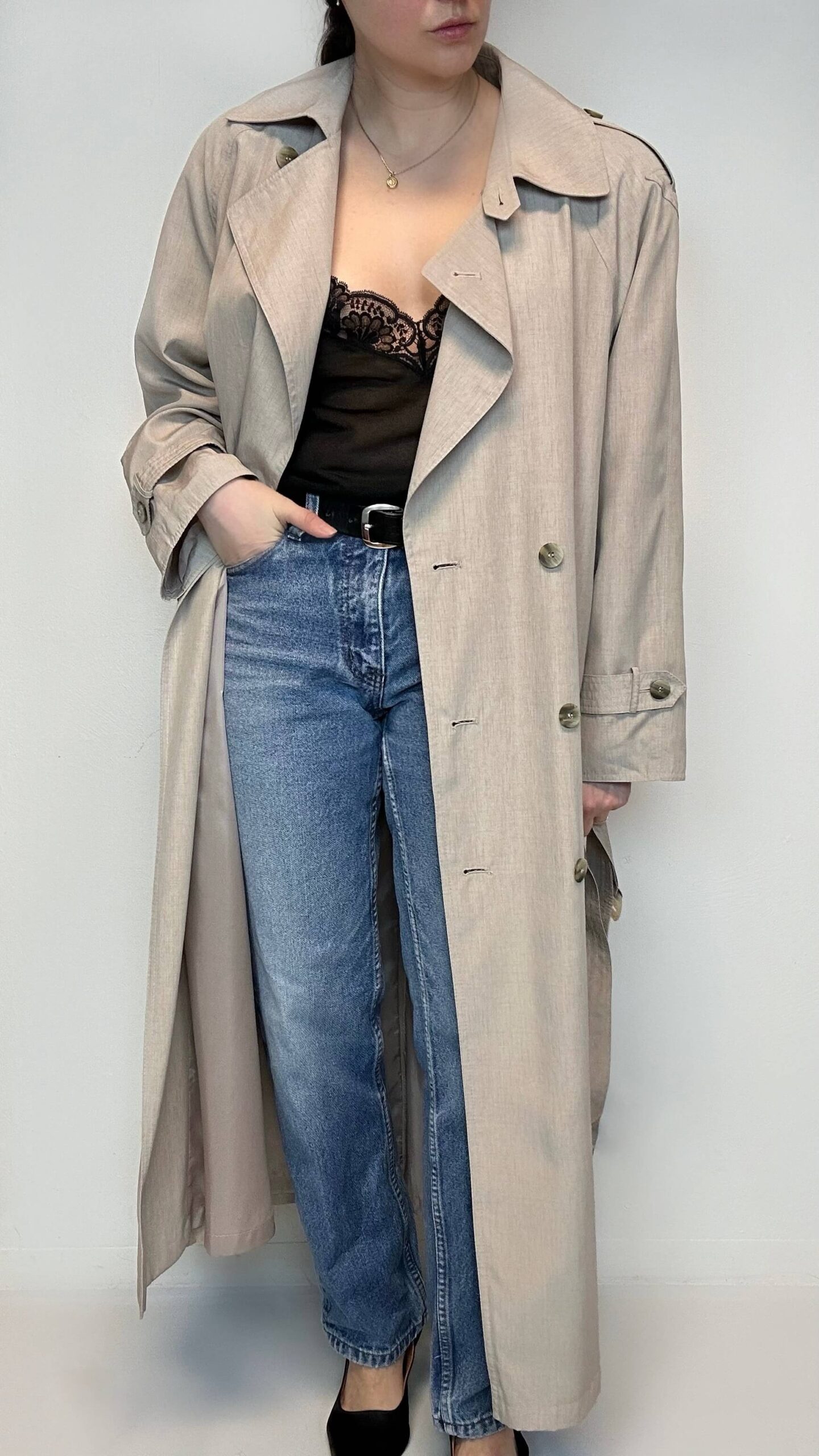 Bisque beige double breasted trenchcoat with a waist tie